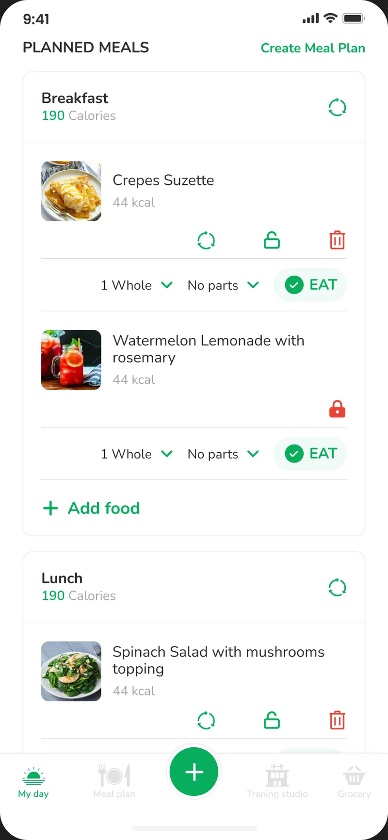 Affili-Fit My Day screen with planned meals and calorie targets, design frame