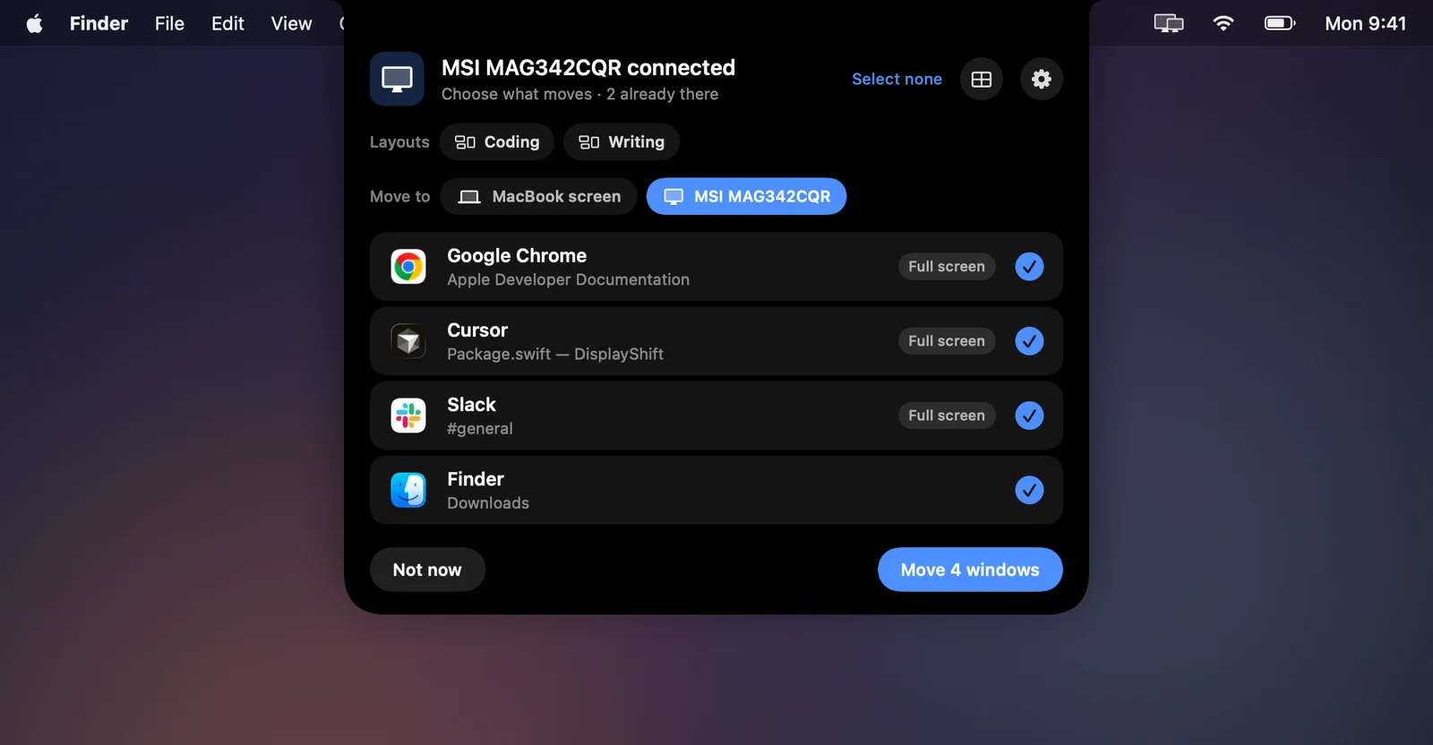 DisplayShift panel hanging from the MacBook notch: MSI MAG342CQR connected, saved layouts Coding and Writing as chips, four windows ticked to move and a Move 4 windows button