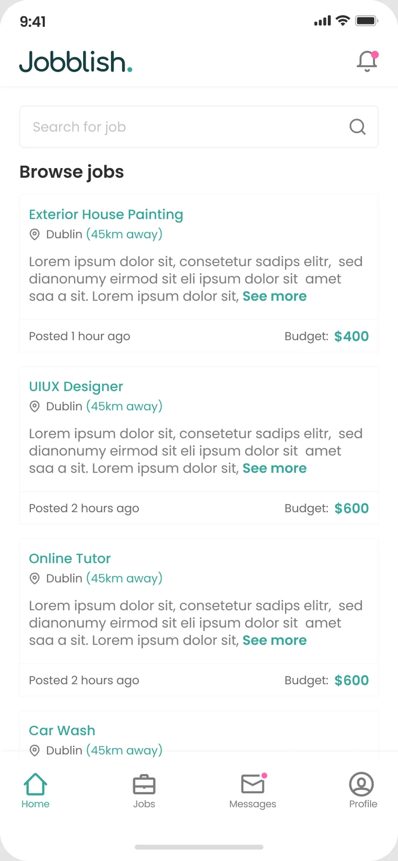 Jobblish browse jobs screen with the Jobblish wordmark, design frame