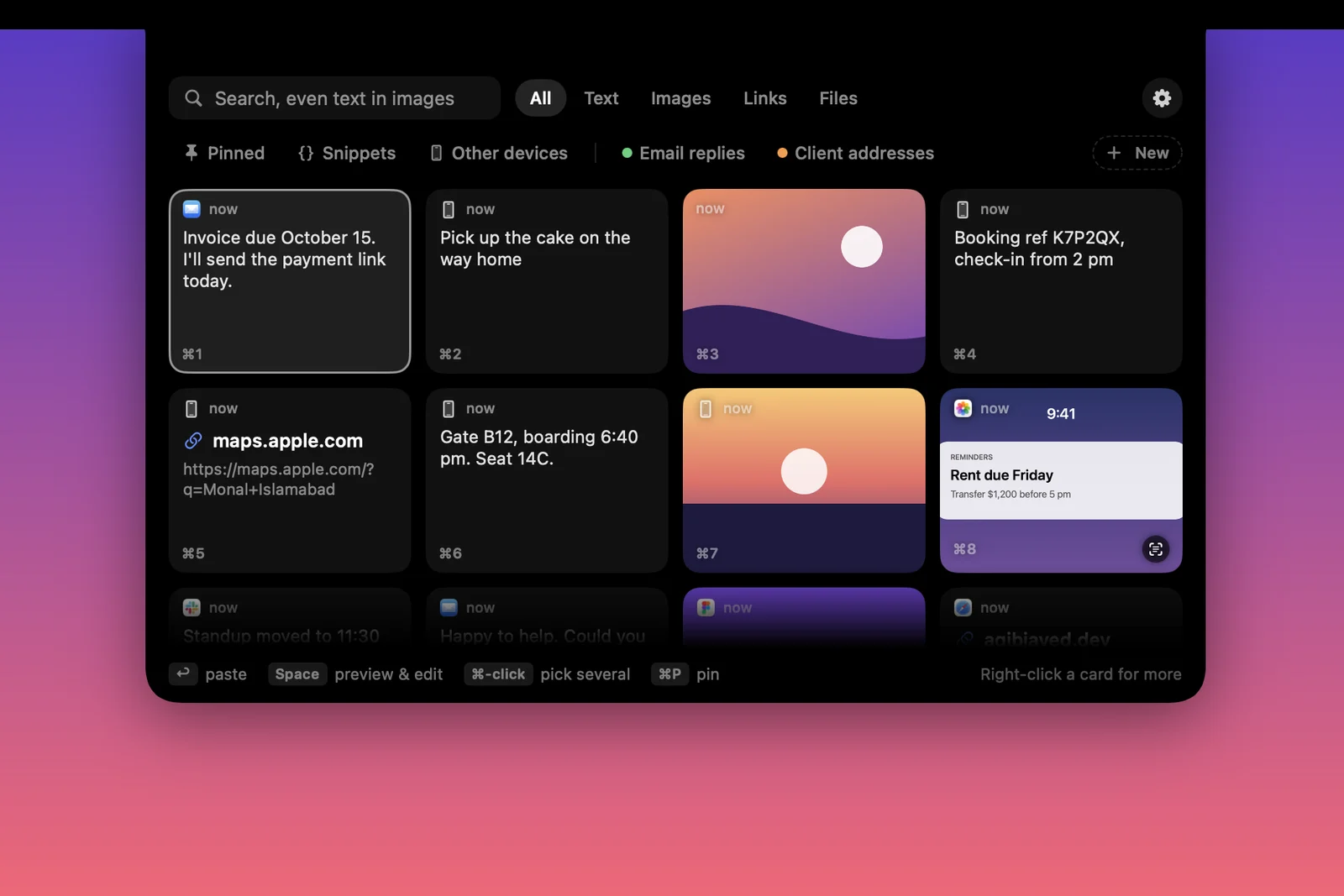 The Notchet shelf hanging from the MacBook notch: search, filters, collections and cards for text, links, photos and an iPhone copy