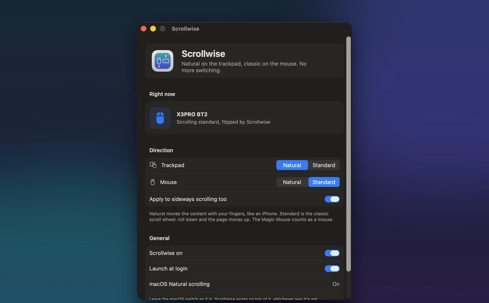 Scrollwise settings window: the Right now panel shows an X3PRO BT2 mouse scrolling standard, flipped by Scrollwise, with trackpad set to Natural and mouse to Standard